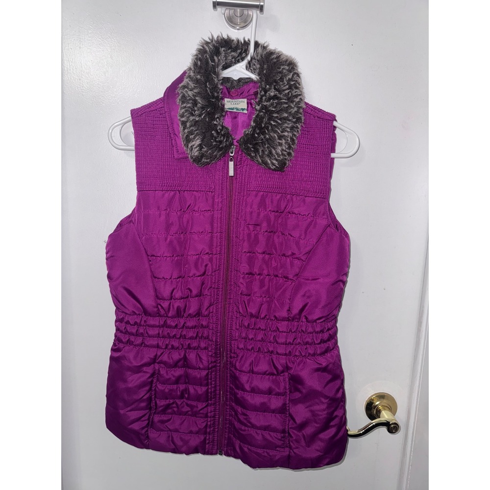 Mountain Lake Womens Magenta Purple Quilted Puffer Vest Faux Fur Collar Small